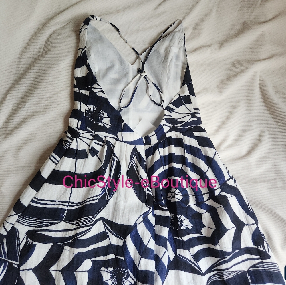 STORE CLOSING! H&M Long Strappy Dress White/navy Blue Patterned Fitted Bodice N - Picture 6 of 14
